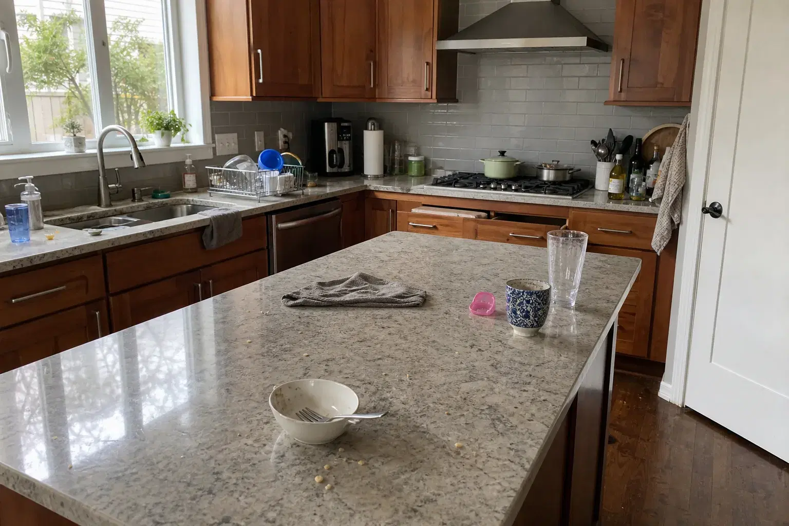 Lived-in family kitchen with dishes, crumbs, and surfaces ready for a deep clean