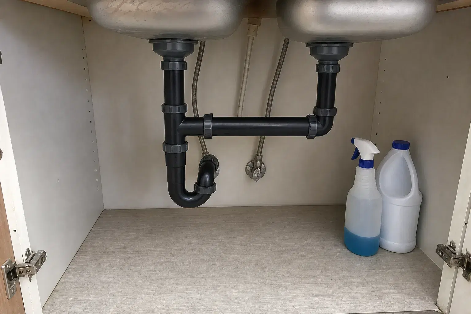 The same kitchen sink cabinet dry and clean with an aligned drain and visible P-trap