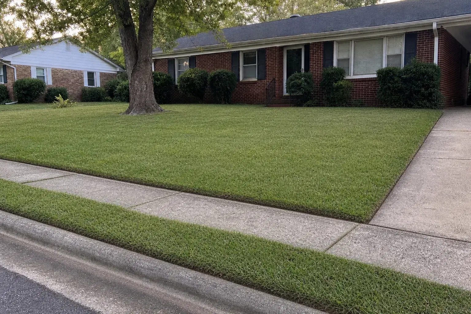 The same suburban front lawn evenly mowed with clean sidewalk and driveway edges